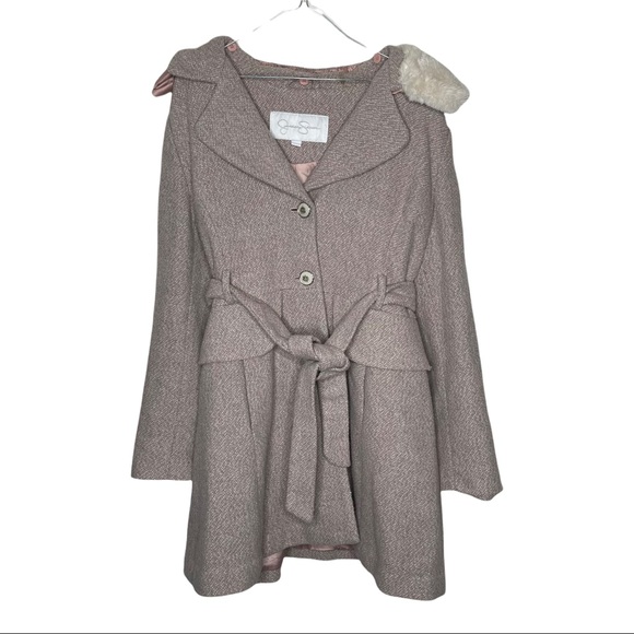 Jessica Simpson Long way there Blush Pink Pea Coat removable Faux Fur Collar XL
